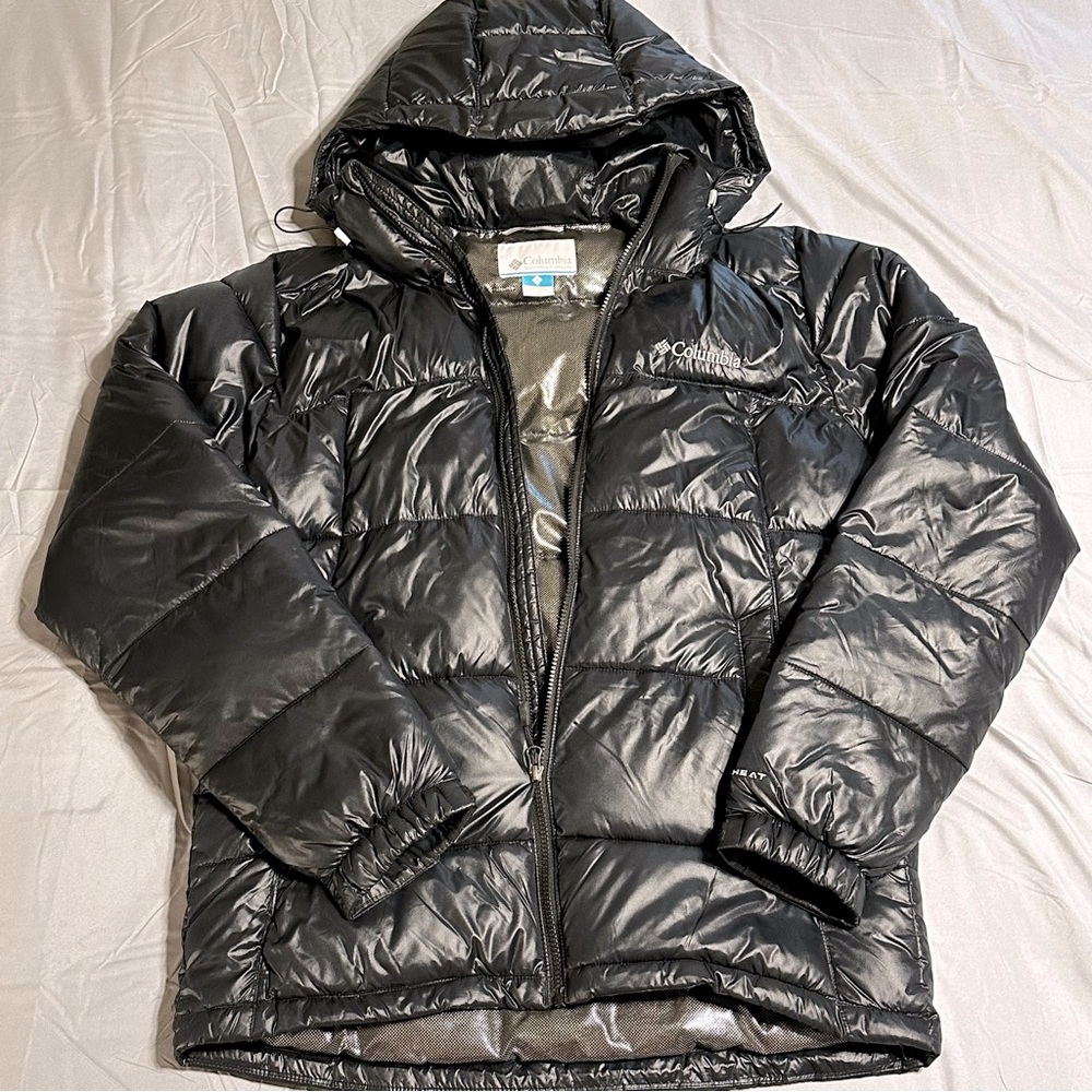 Columbia Omni-Heat Hooded Puffer Jacket Black Coat Men’s Medium SUPER WARM